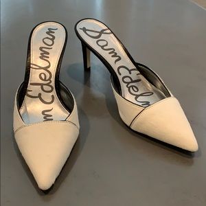 New Sam Edelman White Fur Heels Mules, Sz 7